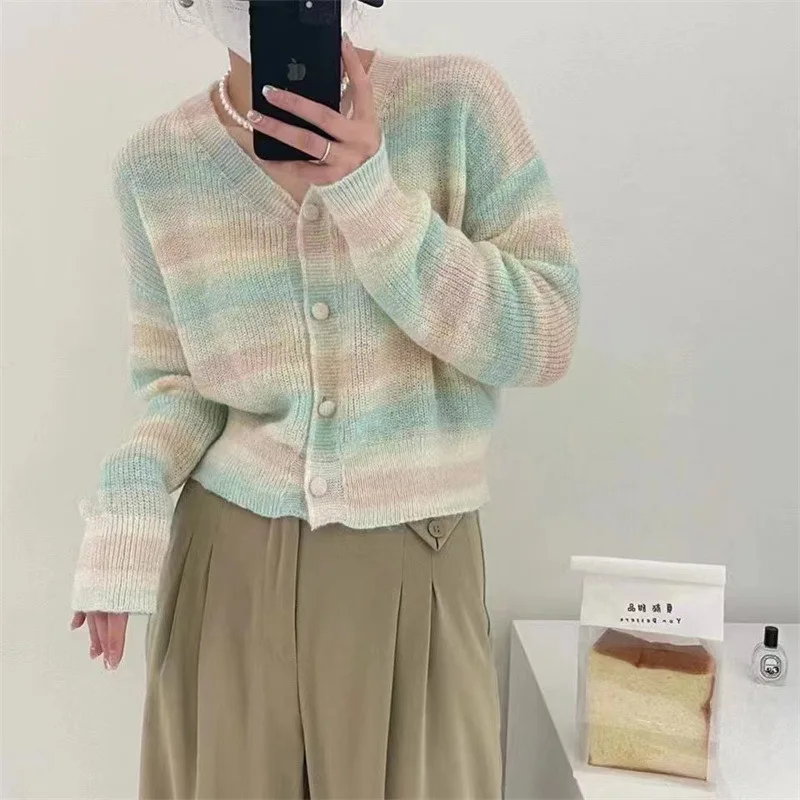 2024 Summer Korean Style Collar Fresh Rainbow Striped Knitted Cardigan Women's Outer Wear Loose Long Sleeve Sweater Coat E2921