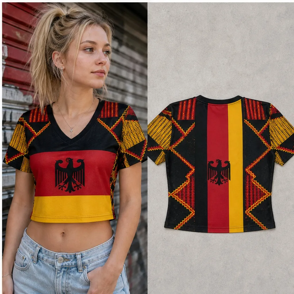 Womens Germany V Neck Short Sleeve Crop Top Flag Eagle Pattern Casual Summer Shirt for Street Travel Holiday and Everyday Styles