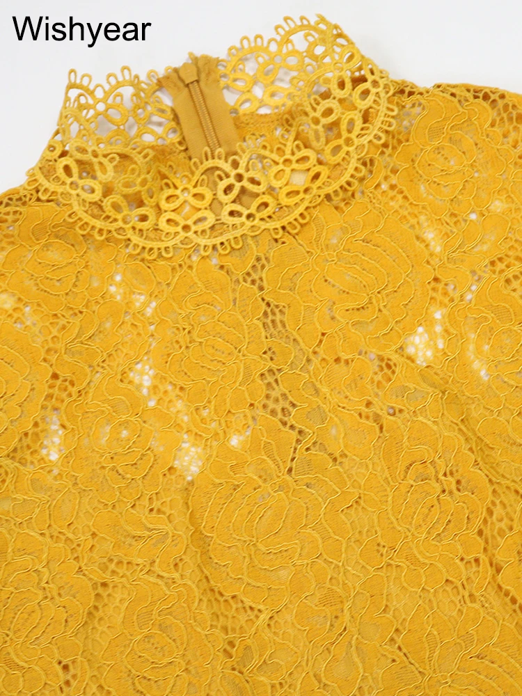 Nowy seksowny żółty koronkowy kombinezon z prześwitującymi elementami, wycięciami, krótkim rękawem, damski, z szerokimi nogawkami, jednoczęściowy strój streetwearowy, ogrodniczki.