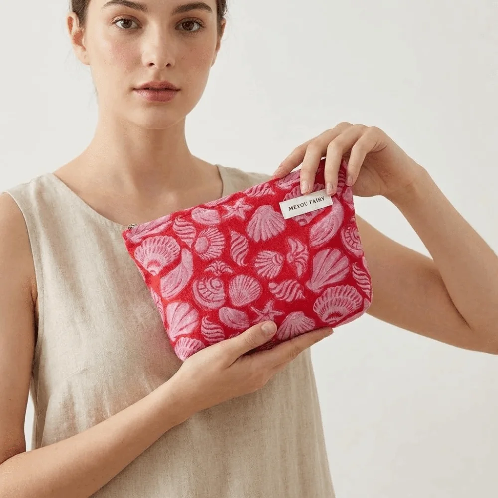 Minimalist Large Capacity Shell Cosmetic Bag Red Korean Style Makeup Bag French Style Cosmetic Case Pencil Pouch Women