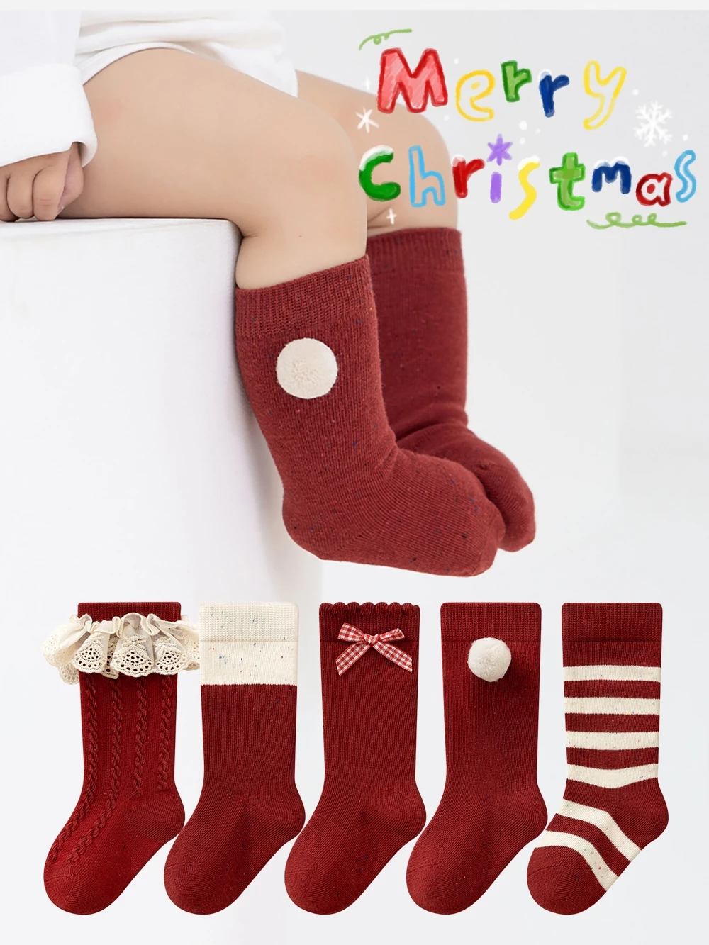 Children's Socks Christmas Day Red Socks for Girls 0-8T Lace Stripe Baby Socks Autumn Breathable Kids Knee-high Socks
