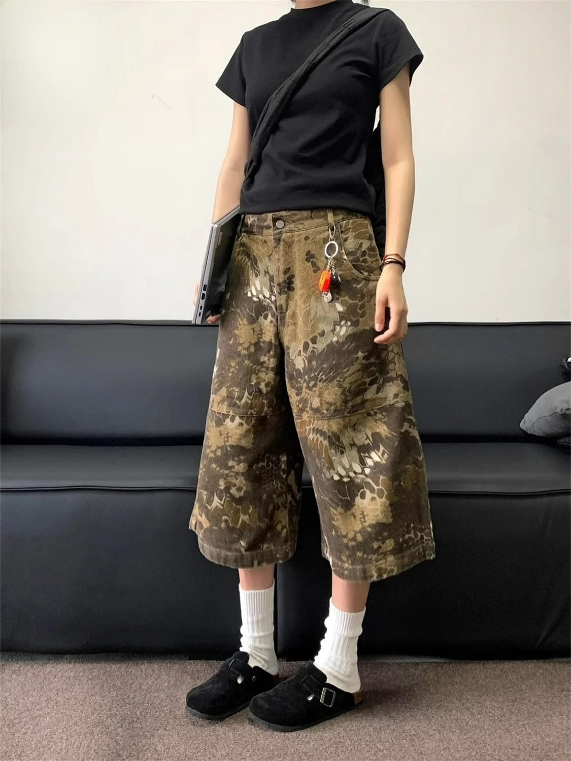 Summer Retro Washed Denim Seven-point Shorts Men's and Women's Casual Loose Camouflage Straight 7-point Pants