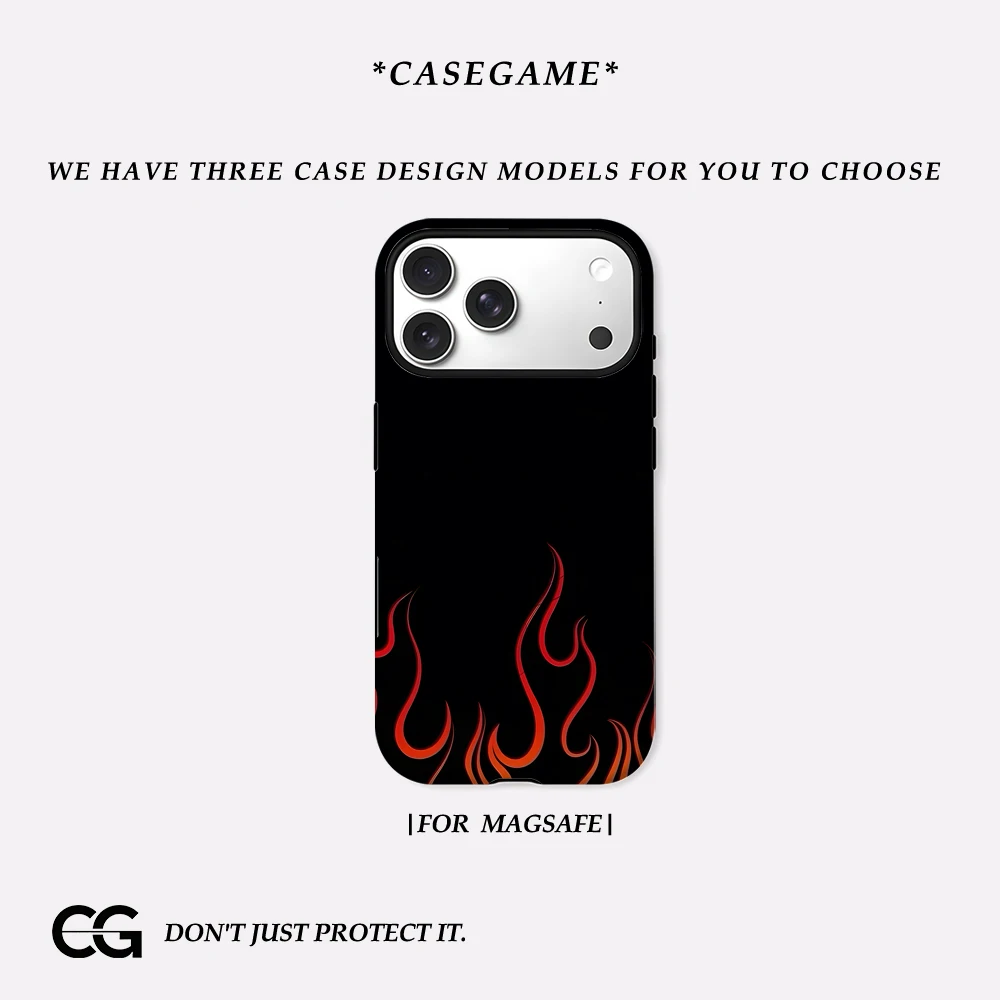 Casegame Matte Bumper für MagSafe Hülle für iPhone 17 16 15 14 Plus 13 Pro Max Stoßfeste Harte PC Rot-Schwarze Flammen-Schutzhülle