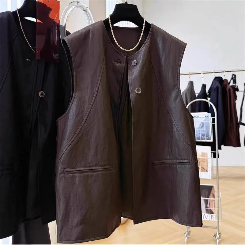 Black Leather Sleeveless Jacket Slimming Versatile Matte Vest Worn Outerwear Petite Leather Vest With Round Neck Brown Rose Red