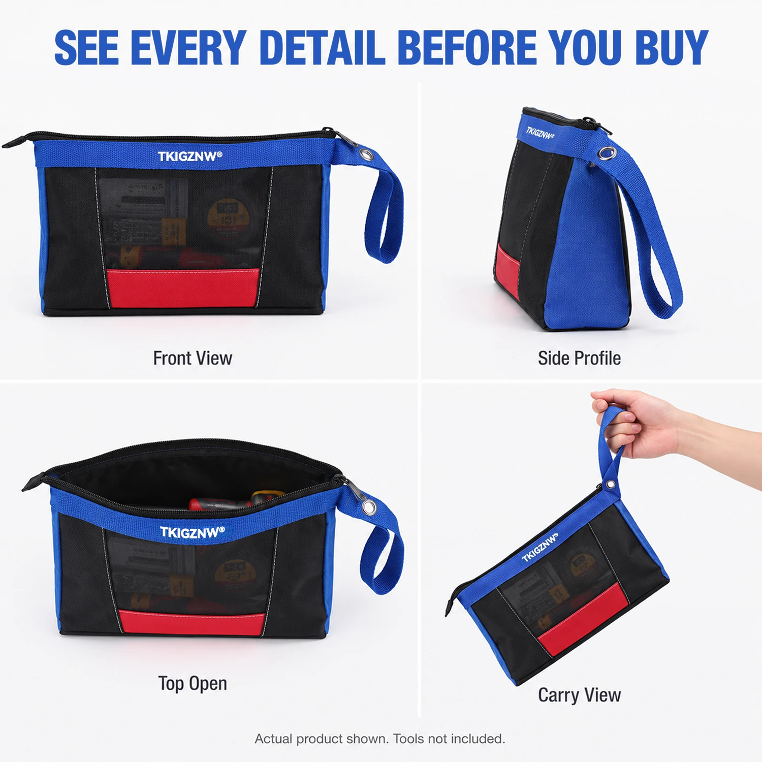 TKIGZNW T027 Portable Tool Bag 1680D Oxford Cloth Electrician Tool Pouch Transparent Mesh Hardware Storage Bag Waterproof Handhe