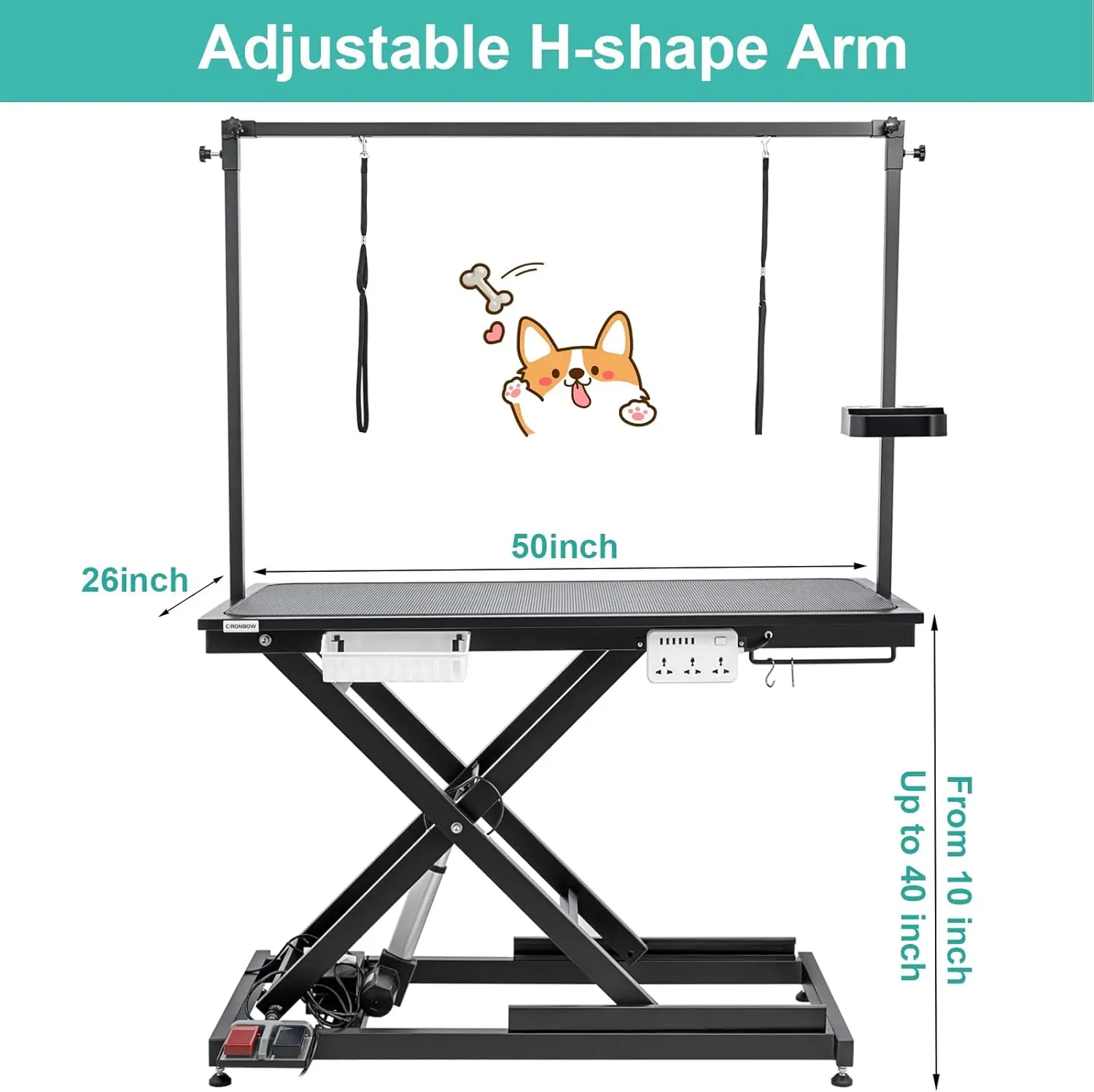 Adjustable Heavy Duty 50" Electric X-Lift Hydraulic Dog Grooming Table with Tool Organizer, Jack Type, Pet Grooming Station