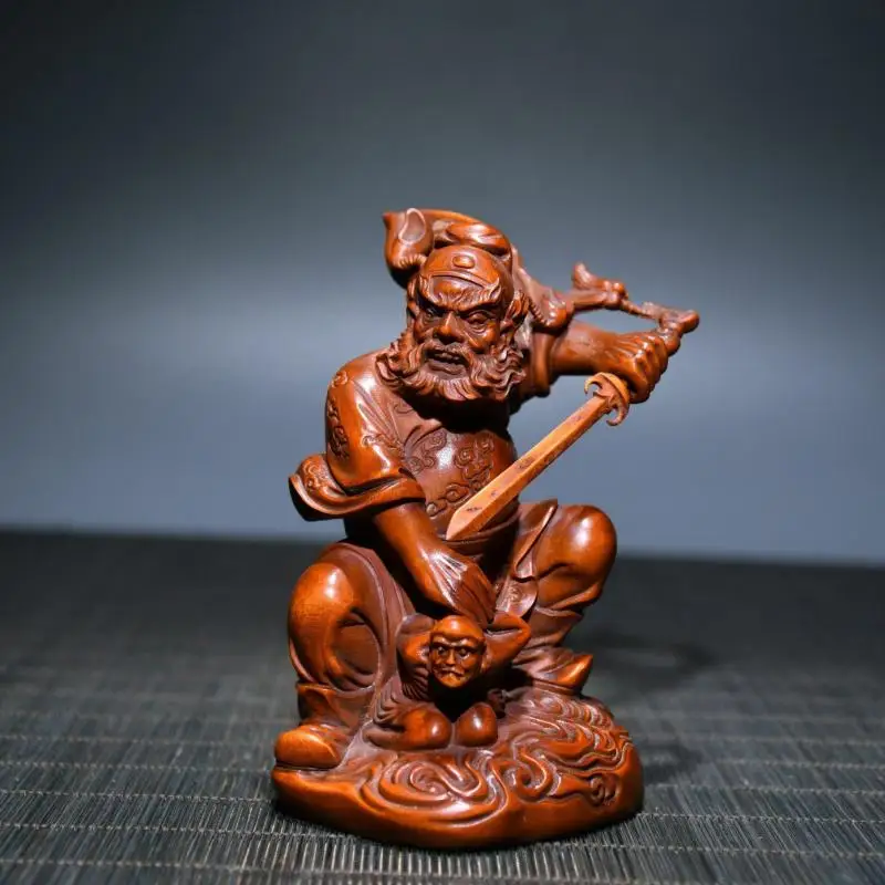 Chinese Vintage Boxwood Carving Zhong Kui Subdues The Devil Figure Statue Art