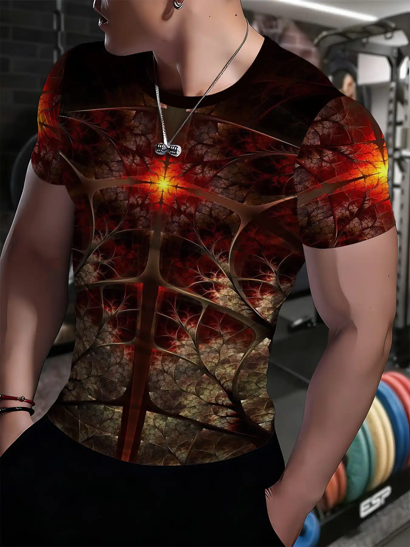 Men Sports Tee High Elastic Quick Dry Breathable Jersey Red Vein Texture Print Gym Fitness Compression Top