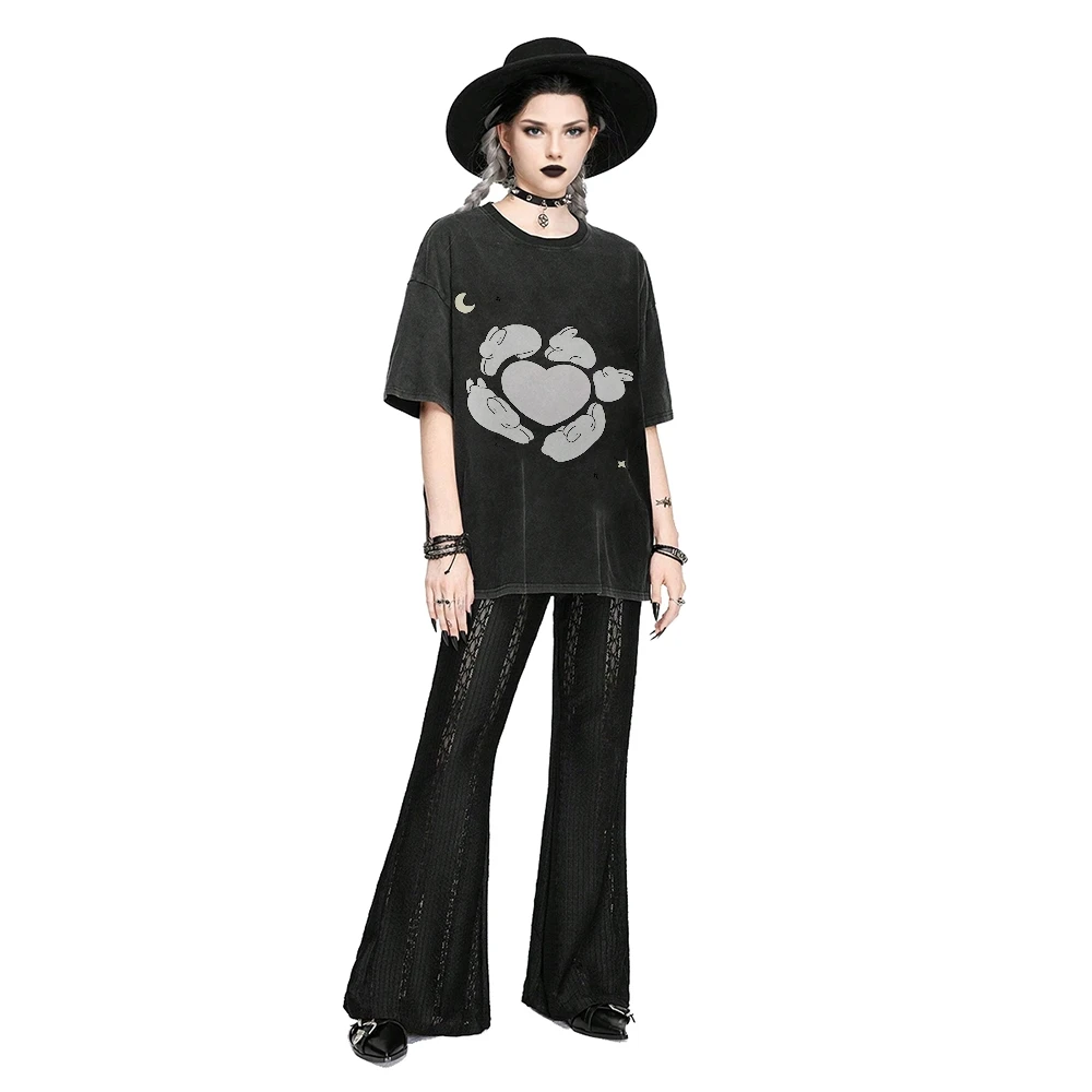 Y2K グラフィックTシャツ バニーハートTシャツ 綿100% 高品質 オーバーサイズ ウォッシュドTシャツ ウサギ ムーン プリント キュート Y2K バイブ ゴシック