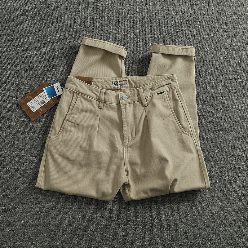 

Светло-белые тяжелые повседневные брюки в стиле ретро, мужские свободные прямые зауженные брюки для рабочей одежды, модные городские брюки...