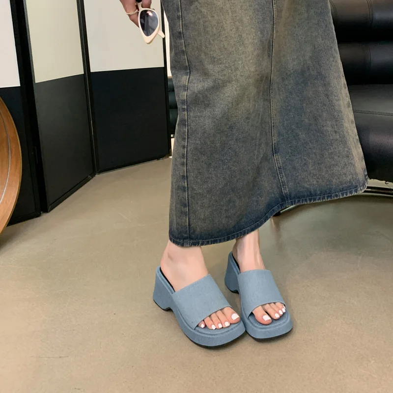 Black Heels Slippers Blue Denim Platform Wedges Shoes For Women Casual Beach Sandals 2024 Outdoor Summer Slippers Vrouwen