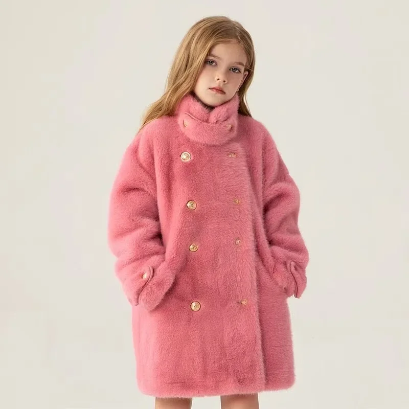 2025 New Children's Fur Coat Autumn Winter New Item Girls Parker Coat High-Quality Imitation Mink Fur Coat Long Kids Clothes