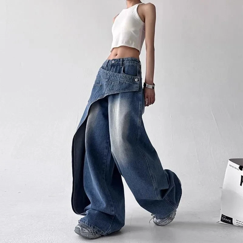 Y2K mode irrégulière Patchwork jean femmes coréen Chic Streetwear Hip Hop pantalon droit Bf taille haute décontractée Denim
