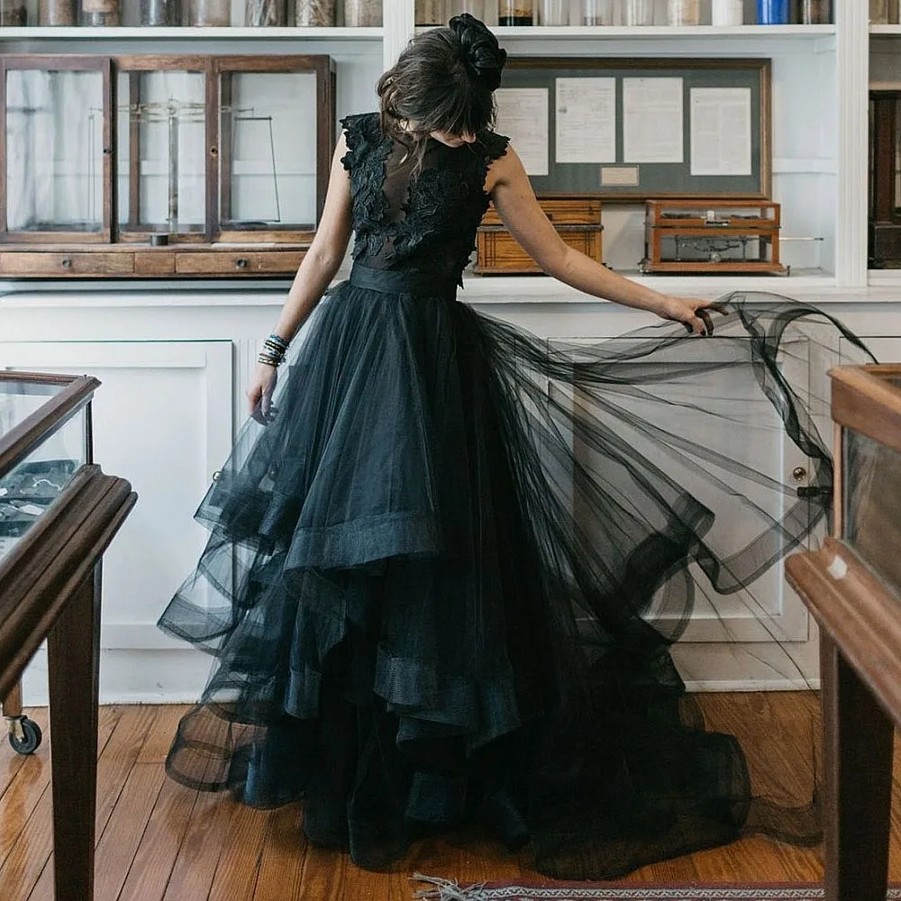 

Черная тюлевая свадебная юбка без топа, с оборками, пышная, асимметричная, с завышенной талией, вечерняя юбка, женская длинная макси-юбка для праздников
