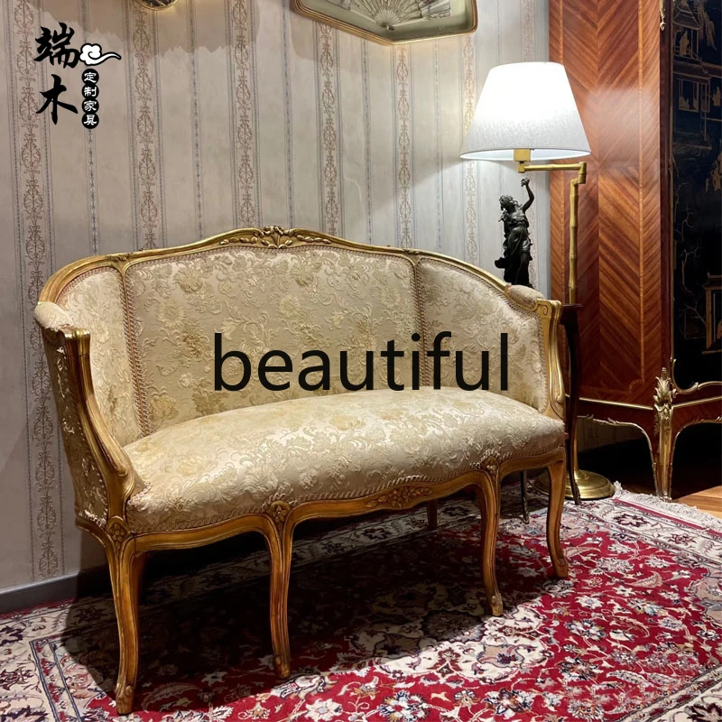 

French solid wood carving flower double three-person sofa, fabric jacquard studio club sofa, negotiation chair