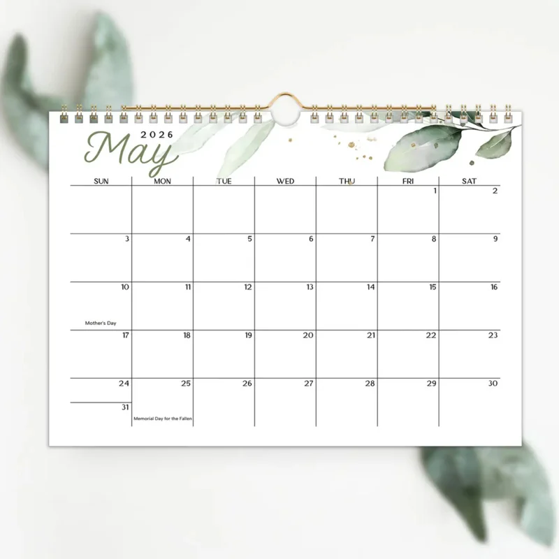 1Ben2026新鮮な緑の植物の文字壁掛けカレンダー、エレガントな葉のデザインのモダンなミニマリストプランナー、実用的なオフィス学習装飾