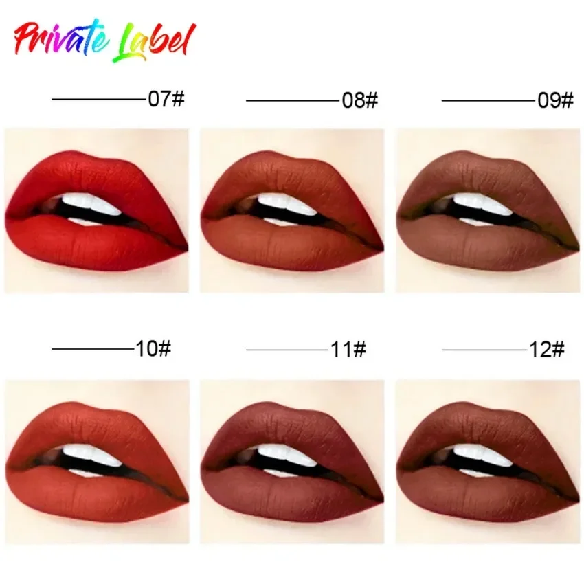 Private Label 12 Kleuren Gradiënt Black Tube Vloeibare Lippenstift Non Stick Cup Waterdicht Langdurig Nude Sexy Lipgloss Bulk