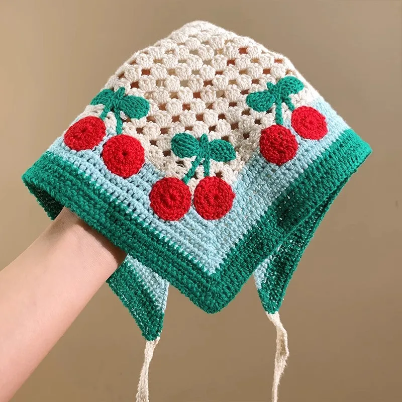 

Ladies' Triangle Hair Scarf Japanese Pastoral Style Kawaii Cherry Sweet Cute Head Scarf High-quality Knitting Hair Accessories