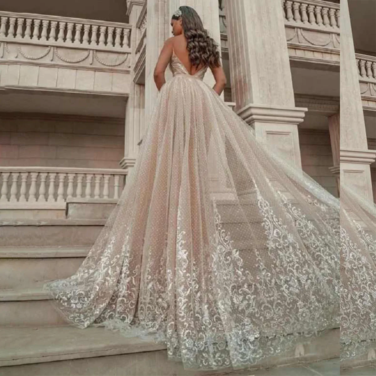 Exquisite V Neck Mermaid Wedding Dress Lace Sleeveless Detachable Train Applique Open Back Tulle Bridal Gown Customized