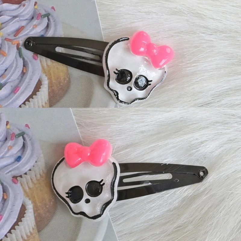 Skull Hair Clips Skull Head Bone Hairpin Pink Bowknot Zombie Punk Hair Accessory for Costume Party for Women Girls