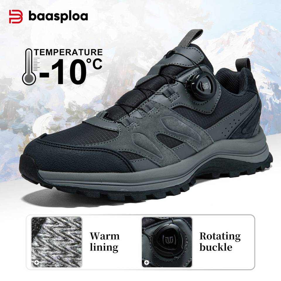  Baasploa Men Hiking Shoes Leather Anti Splash Water Outdoor Sneakers Male Comfort Rotating Button Trail Walking Shoes Non-Slip 