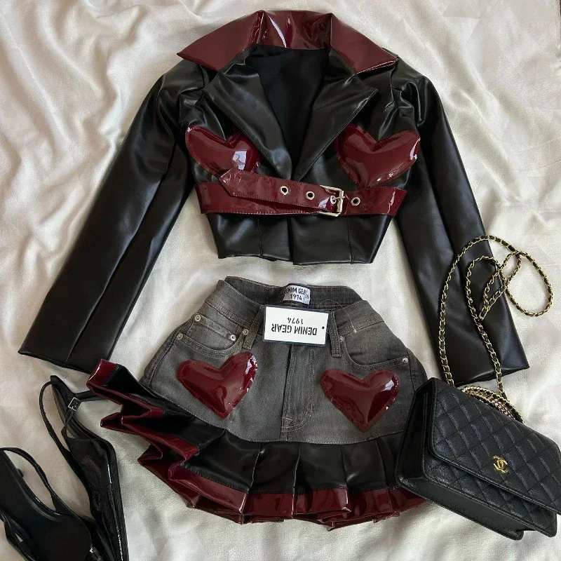 Y2K Women Two Piece Harajuku Gothic Jacket Cropped Denim Streetwear Heart Shape Leather Outfit Patchwork Pleated Mini Skirt Suit