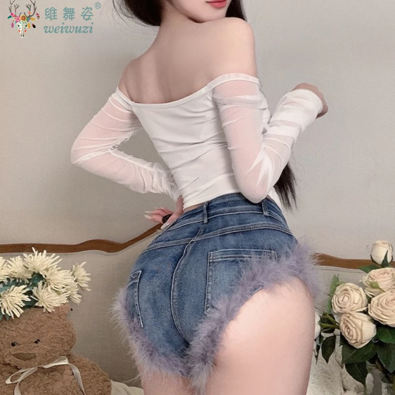 

Sexy Women's Denim Shorts Cute Fluffy Hem Jeans Beach Party Slim Hot Pants Charming Nightclub DJ Pole Dance DS Bunny GirlUniform