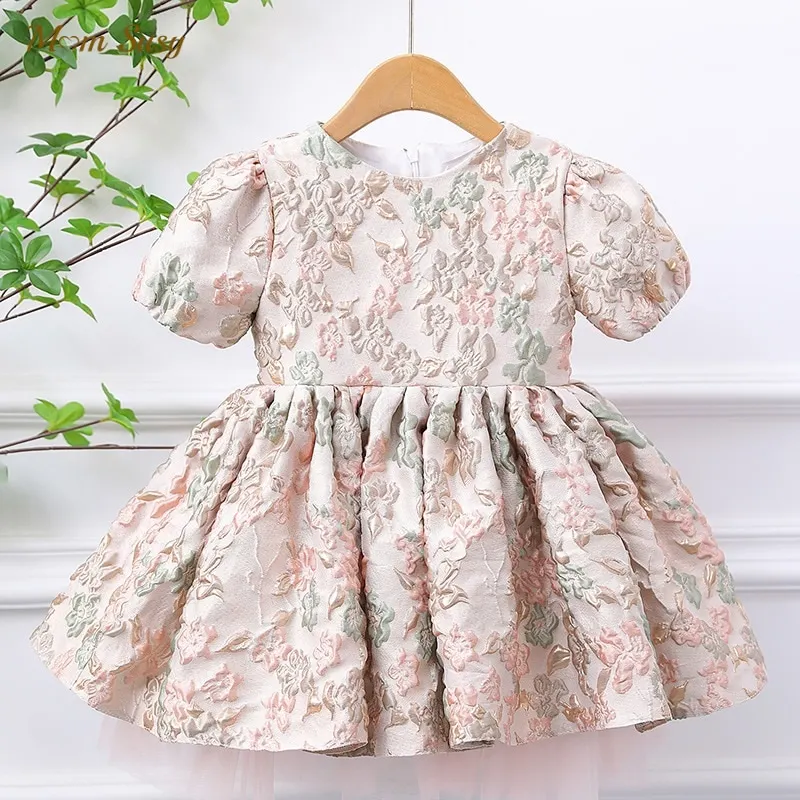 Fashion Baby Girl Princess Vintage Floral Dress Puff Sleeve Infant Toddler Bow Vestido Party Birthday Gown Baby Clothes 1-12Y