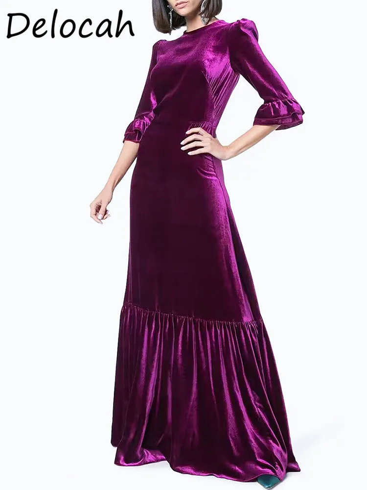 Delocah High-Quality 2024 Autumn New Canary Purple Dress Female High-end Elegant Long Dress Retro Slim Dress