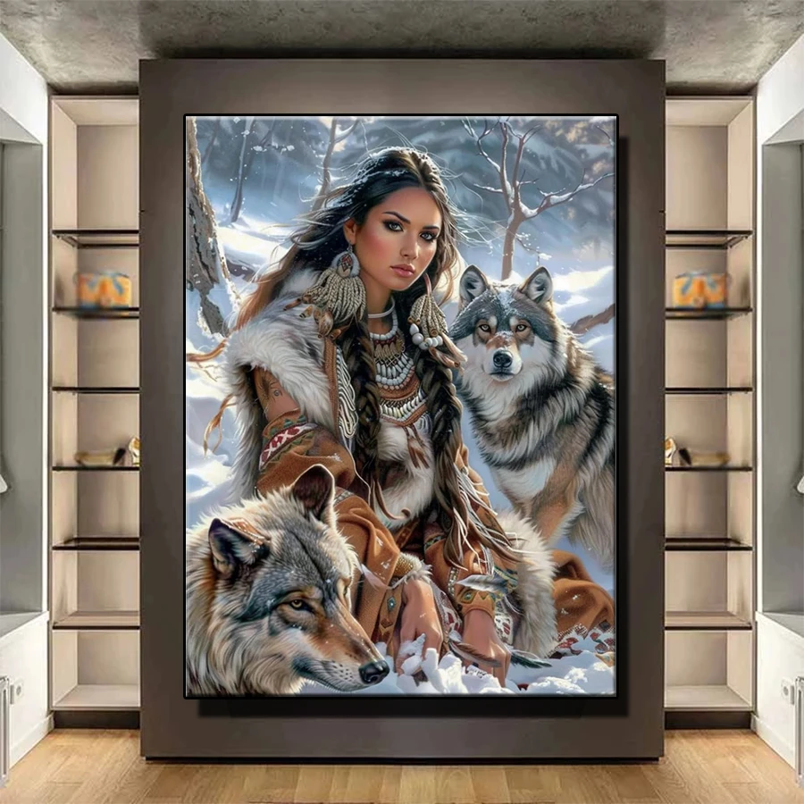 Diamond Painting Kit New Indian Women and Animal Wolves Full Drill DIY Diamond Embroidery Mosaic Home Adult Decoration Gift