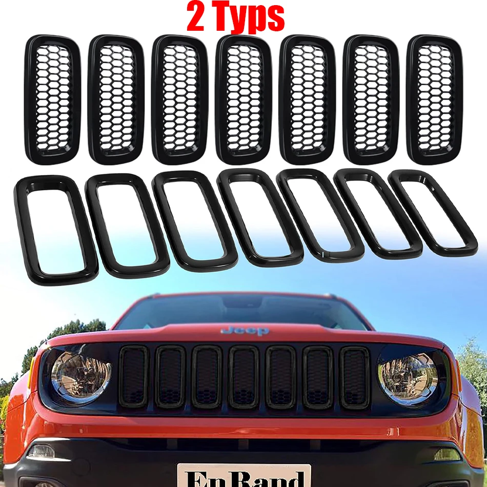 TML 7pcs Front Grille Trim Inserts Grill Cover for Jeep Renegade 2015 2016 2017 2018 (Grille Inserts-Black)