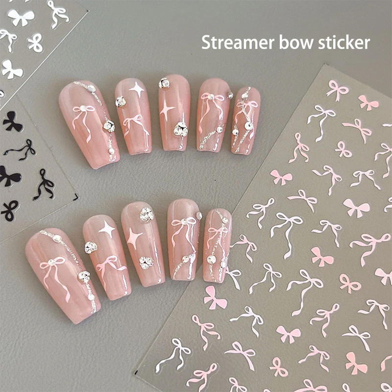 Ribbon Bow Nail Sticker Pure Desire Black And White Pink Irregular Bow Thin And Tough Back Adhesive DIY Nail Art Decals