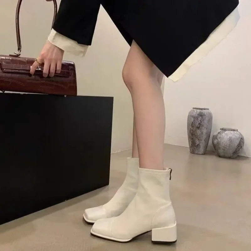 Shoes for Women 2023 Autumn Winter New Square Toe Women\'s Boots High Quality White Ankle Boots Fashion Zipper Modern Boots