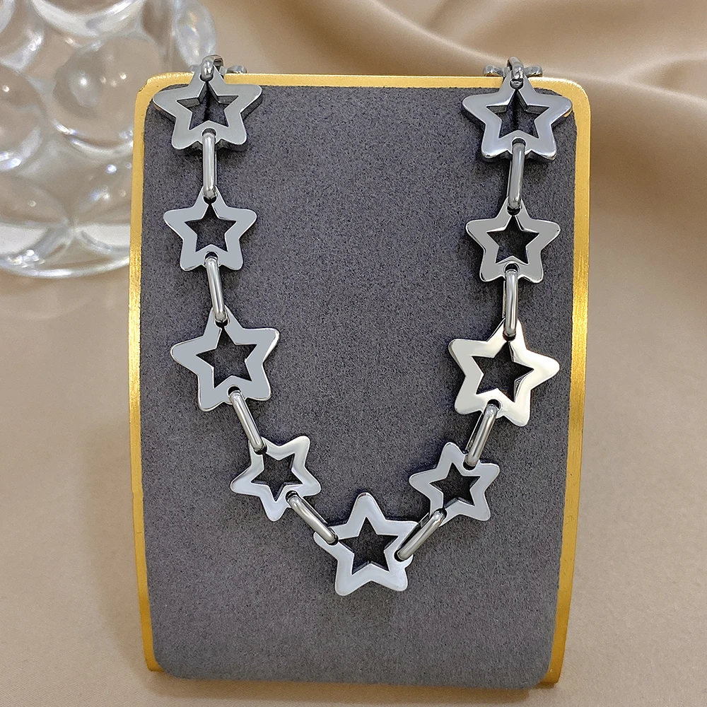 Mode Edelstahl Gold Silber Farbe Halskette für Frauen Nette Hohle Sterne Link Kette Halsketten Wasserdicht Schmuck Geschenke – Detail 7