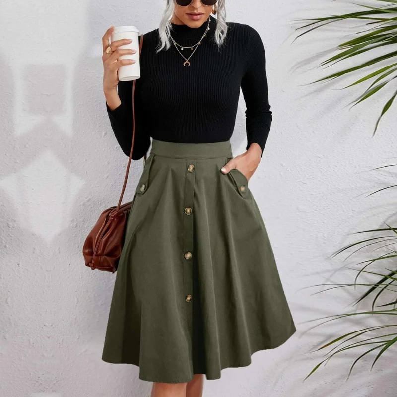 

Women's Fashion Hot-Selling Pocket Button Waist-Cinching Elegant Umbrella Skirt French Mid-Length Half Skirt