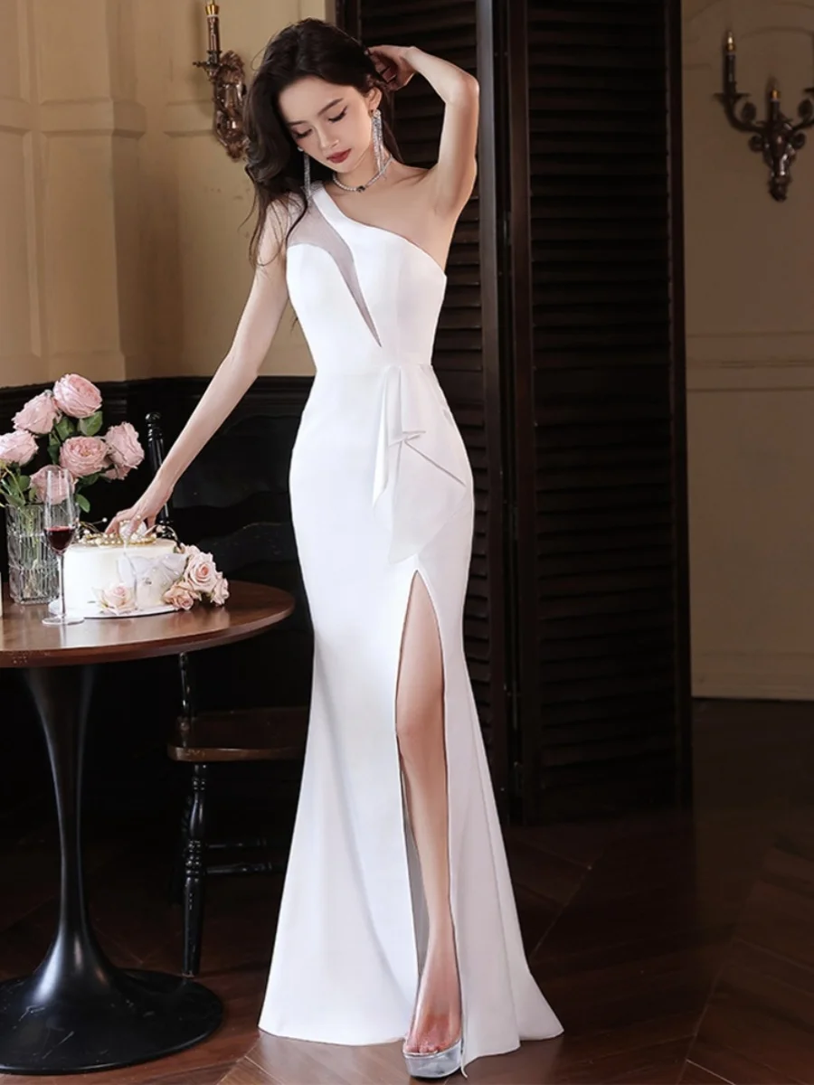 Elegant Sexy Single Shoulder Long Evening Gown Fish Tail Slit Dress for Annual Conference Host Polyester Fiber mid Waist Zipper