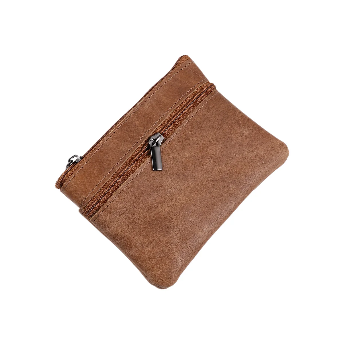 محفظة صغيرة للعملات المعدنية بسحاب من جلد البقر المشمع باللون البني للجنسين، حامل ائتمان مدمج، منظم نقدي صغير للاستخدام اليومي