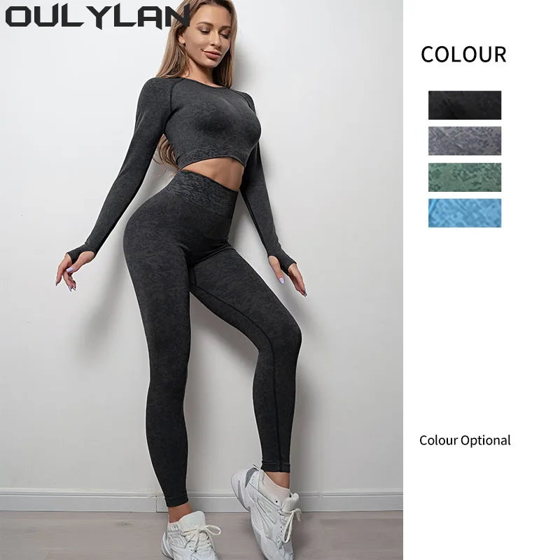 

Oulylan Seamless Tie-Dye Yoga Sets Sports Fitness High Waist Hip Raise Pants Long Sleeve Suit Workout Clothes Gym Leggings Set