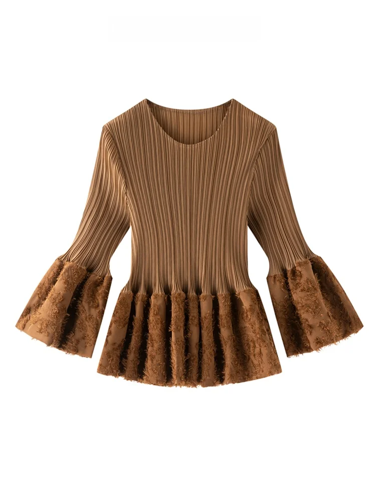 

Unique Design Sensation Pleated Long Sve Loose T-irt Women's Spring New Sle Color Hoodie Casual Faion Polyeste...