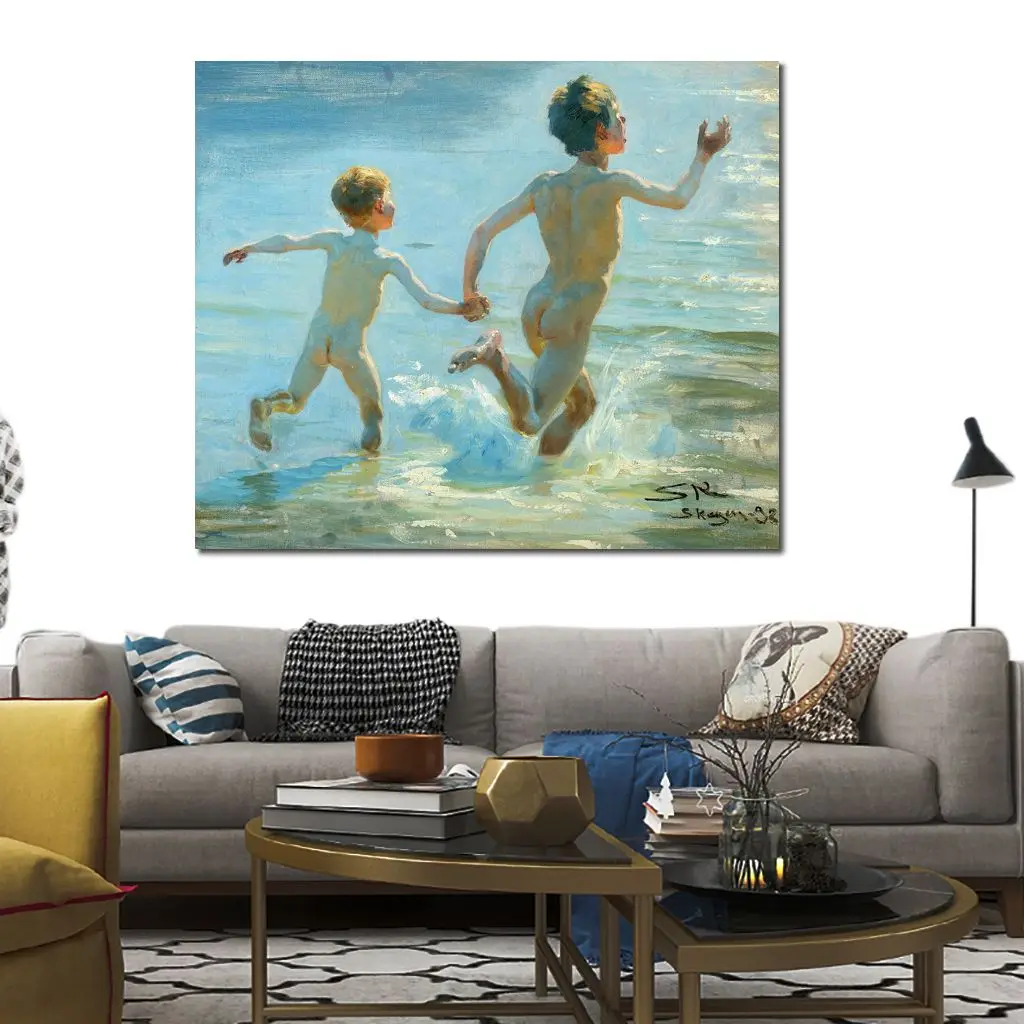 Textured Canvas Art Boys Bathing On Skagen Beach Handmade Peder Severin Kroyer Painting Modern Artwork Bathroom Kid Room Decor