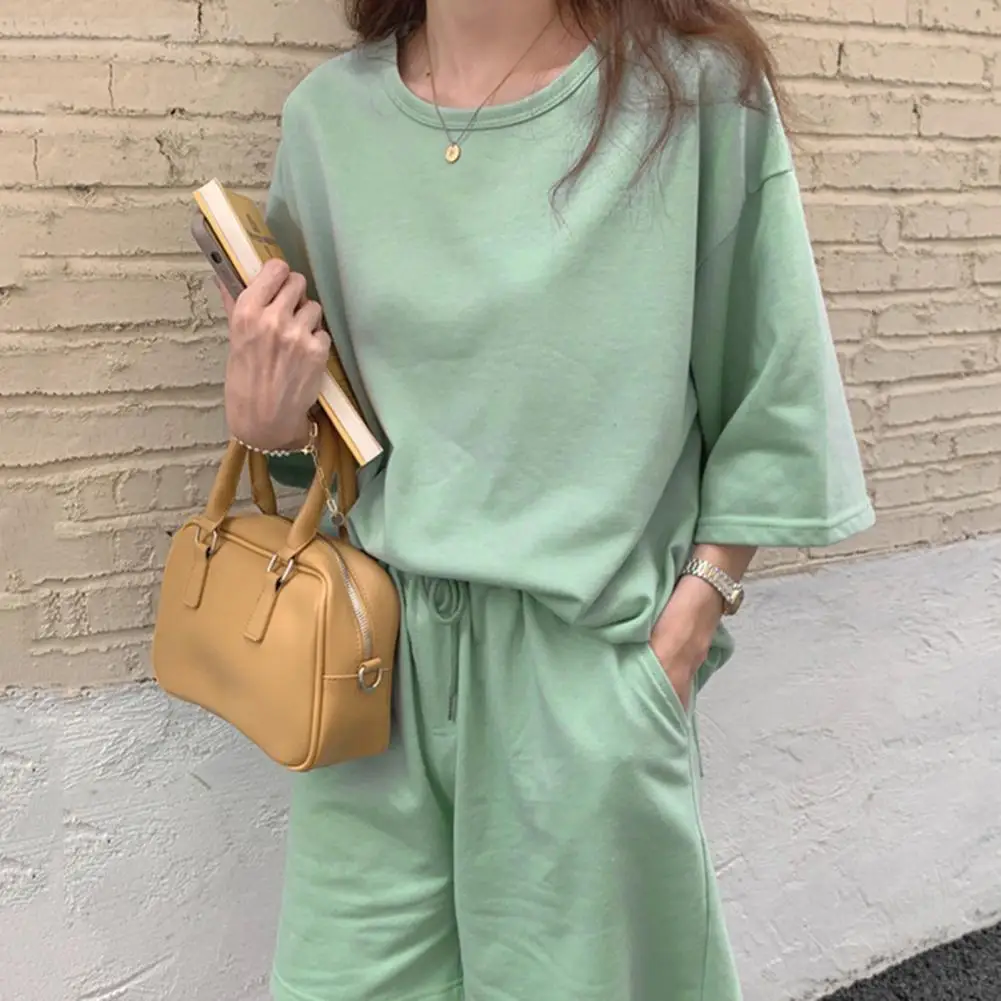 2025 2 Pcs/Set Women T-shirt Shorts Set Loose Three Quarter Sleeve Sportwear Gym Lady Summer Tracksuit Female Clothes
