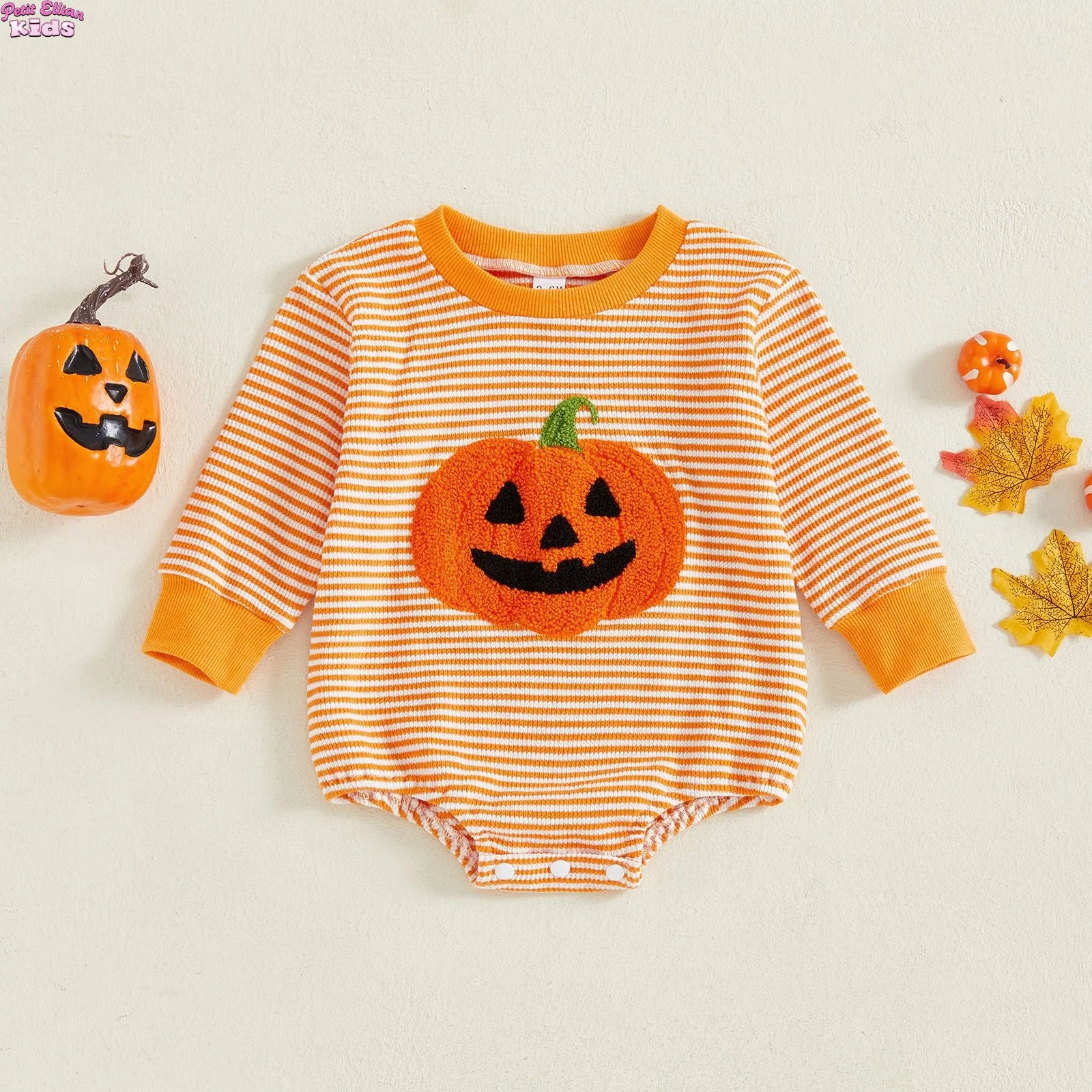 

Baby Boy Clothes Halloween Cotton Striped Bodysuit 0-18M Newborn Infant Girls Pumpkin Embroidered Autumn Triangle Romper Onesie