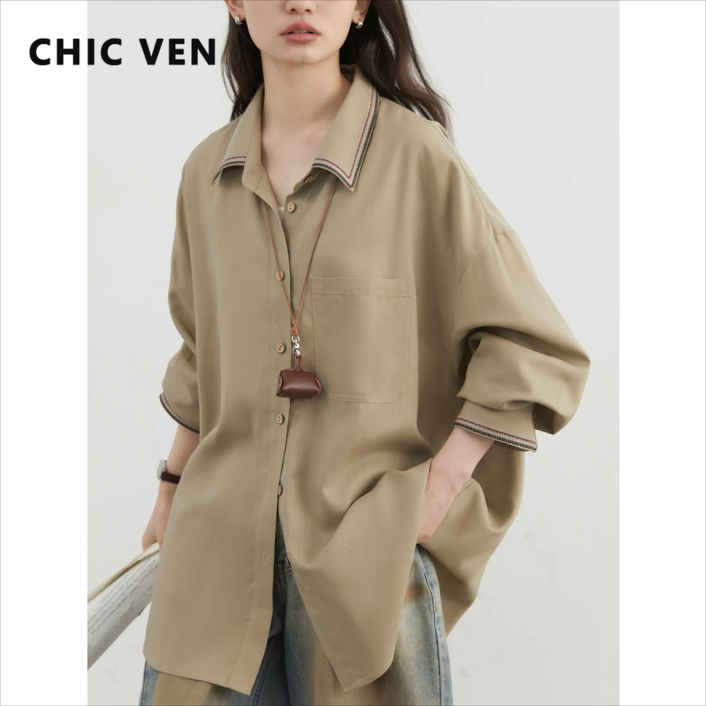 

CHIC VEN Women Shirts Loose Casual Retro Embroidered Blouses Female Top Medium Long Coat for Woman Spring Summer 2025