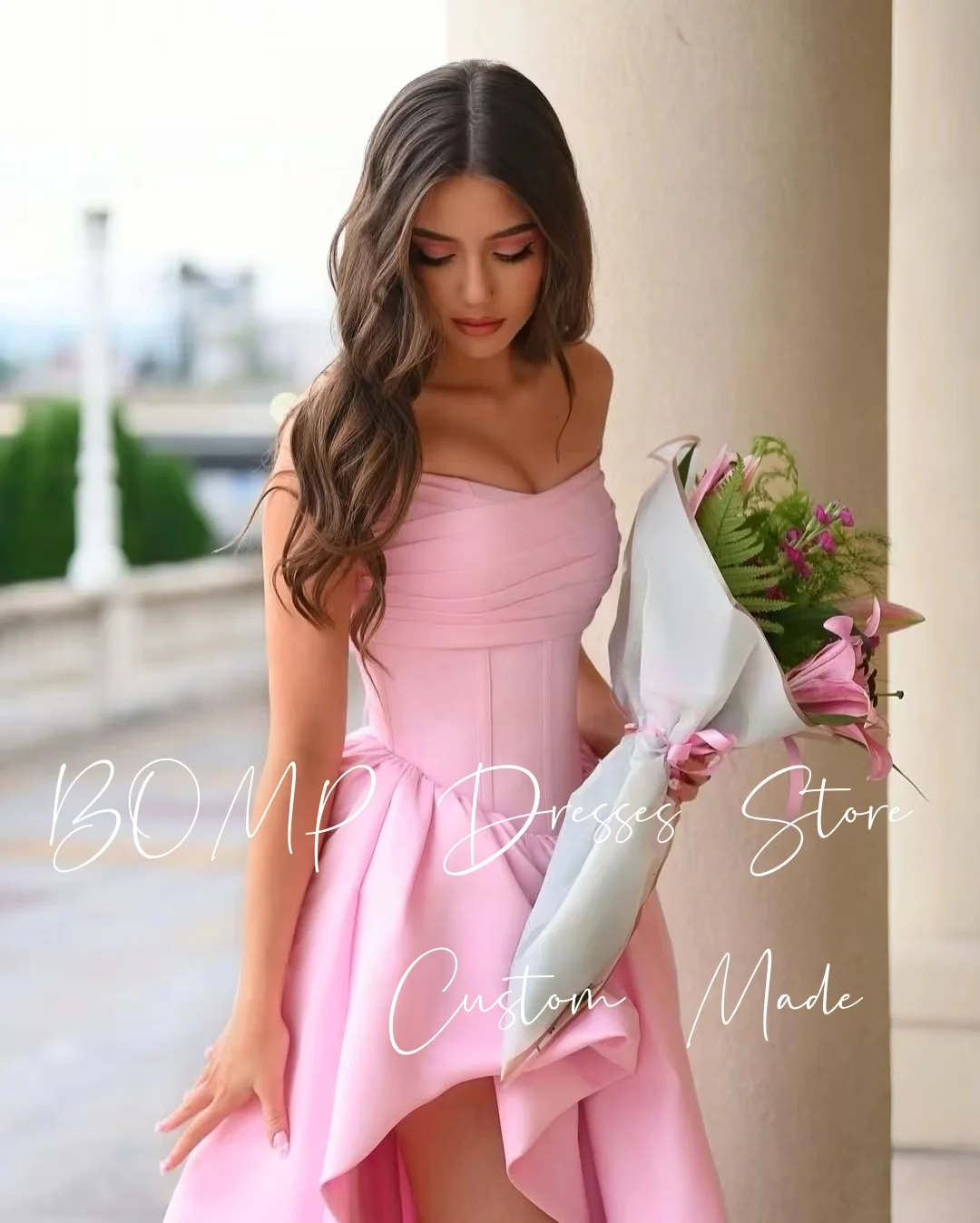 BOMP princesse rose robe de soirée de mariage sans bretelles plissé Hi-Lo longueur de plancher drapée en taffetas de soie robe de soirée personnalisée élégante