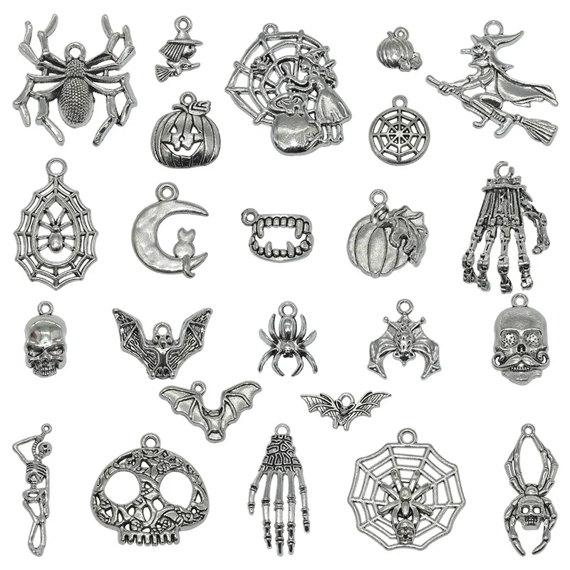 Halloween Theme Gothic Charms Witch Spider Skull Pumpkin Pendants for DIY Jewelry Making