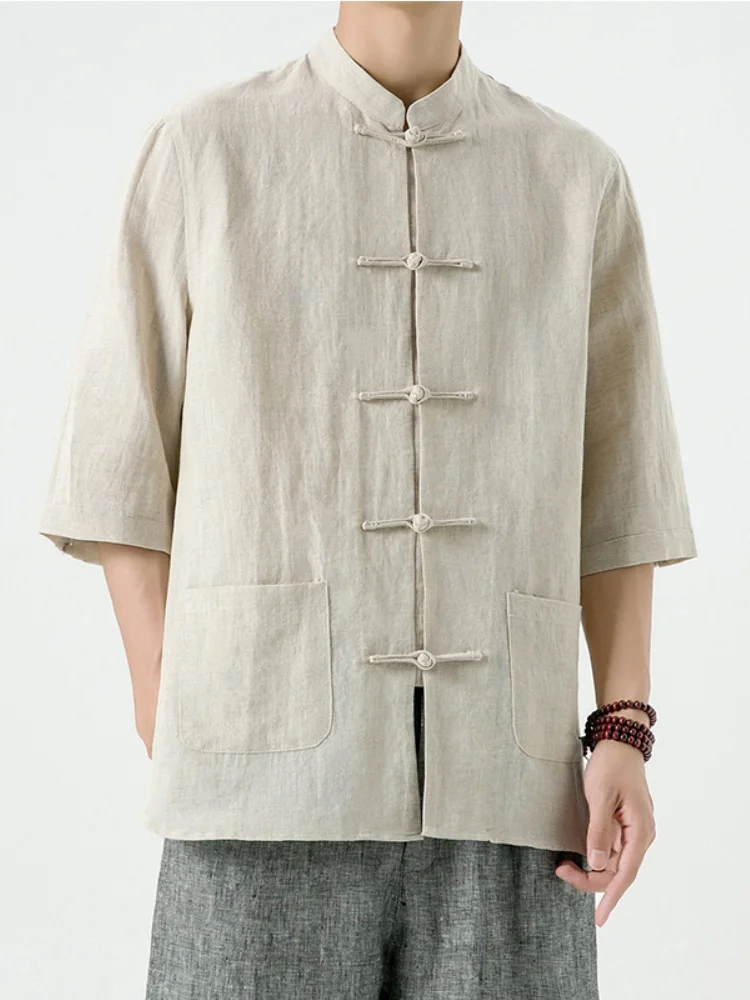 

Linen Shirt Short Sleeve Men Summer Thin Retro Button Stand Collar Top Large Size Tang Suit Half Sleeve Shirt Cool Feeling