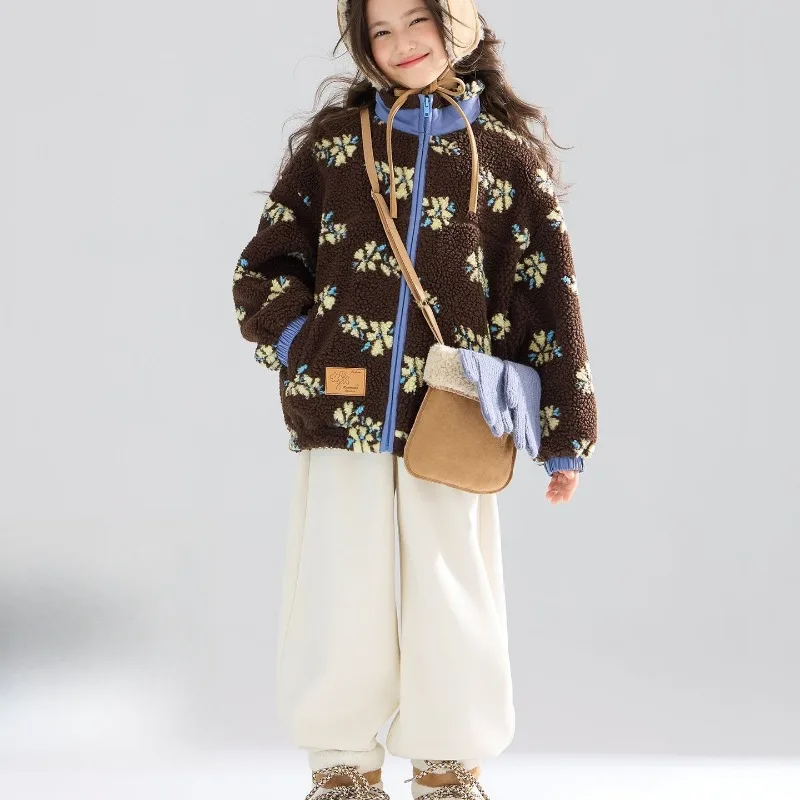 

Girl's Winter Coat Floral Jacquard Lamb Fur Thickened Stylish Autumn Winter Toddler Kids Cotton Jacket