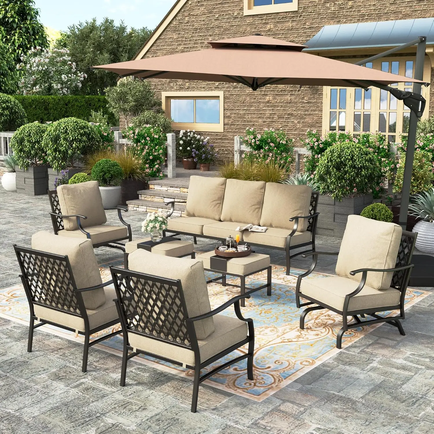 HERA'S HOUSE 7 Piece Patio Furniture Set, 2 xRocking Chair, 2 xFixed Chair, 2 xOttoman, 1 x3-Seat Sofa, All Cushioned 9 Seat