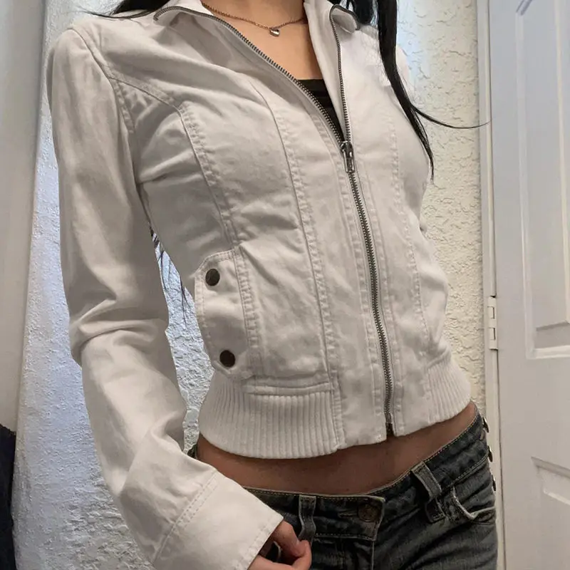 Chic Streetwear Zip up Jackets Harajuku Style Coats with Pockets Commute Style Slim Fit Long Sleeve Short Length Pure Color