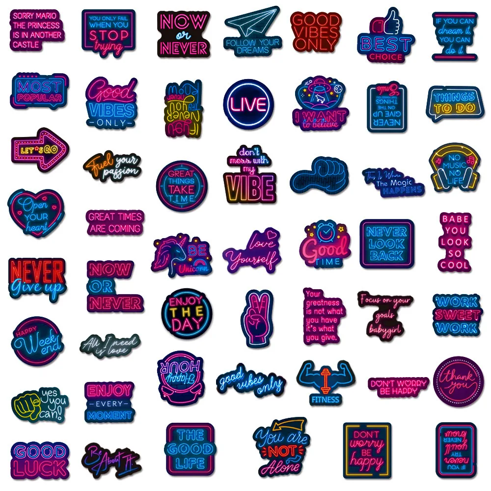 50pcs Neon Light Stickers Laptop Phone Computer Luggage Water Bottle Guitar Notebook Bathroom Graffiti Sticker for Kids Gift Toy